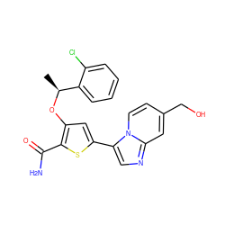 C[C@H](Oc1cc(-c2cnc3cc(CO)ccn23)sc1C(N)=O)c1ccccc1Cl ZINC000043025515