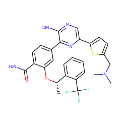 C[C@H](Oc1cc(-c2nc(-c3ccc(CN(C)C)s3)cnc2N)ccc1C(N)=O)c1ccccc1C(F)(F)F ZINC000084655408