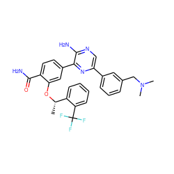 C[C@H](Oc1cc(-c2nc(-c3cccc(CN(C)C)c3)cnc2N)ccc1C(N)=O)c1ccccc1C(F)(F)F ZINC000084712427