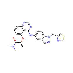 C[C@H](Oc1cccc2ncnc(Nc3ccc4c(cnn4Cc4cscn4)c3)c12)C(=O)N(C)C ZINC000029041328