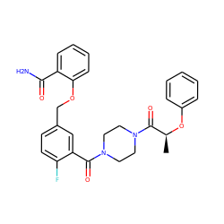 C[C@H](Oc1ccccc1)C(=O)N1CCN(C(=O)c2cc(COc3ccccc3C(N)=O)ccc2F)CC1 ZINC000040413723