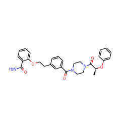 C[C@H](Oc1ccccc1)C(=O)N1CCN(C(=O)c2cccc(CCOc3ccccc3C(N)=O)c2)CC1 ZINC000040412458