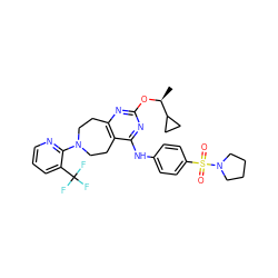 C[C@H](Oc1nc2c(c(Nc3ccc(S(=O)(=O)N4CCCC4)cc3)n1)CCN(c1ncccc1C(F)(F)F)CC2)C1CC1 ZINC000144244616