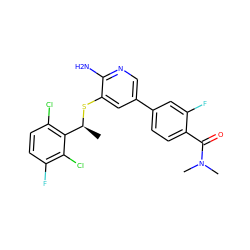 C[C@H](Sc1cc(-c2ccc(C(=O)N(C)C)c(F)c2)cnc1N)c1c(Cl)ccc(F)c1Cl ZINC000096285915