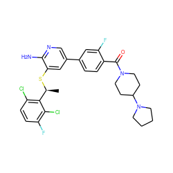 C[C@H](Sc1cc(-c2ccc(C(=O)N3CCC(N4CCCC4)CC3)c(F)c2)cnc1N)c1c(Cl)ccc(F)c1Cl ZINC000096285908