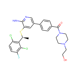 C[C@H](Sc1cc(-c2ccc(C(=O)N3CCN(CCO)CC3)cc2)cnc1N)c1c(Cl)ccc(F)c1Cl ZINC000096285929