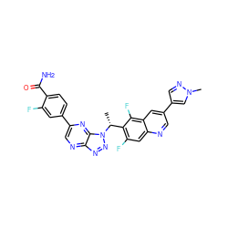 C[C@H](c1c(F)cc2ncc(-c3cnn(C)c3)cc2c1F)n1nnc2ncc(-c3ccc(C(N)=O)c(F)c3)nc21 ZINC001772579625