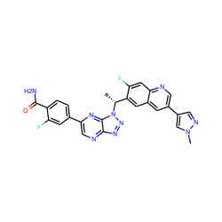 C[C@H](c1cc2cc(-c3cnn(C)c3)cnc2cc1F)n1nnc2ncc(-c3ccc(C(N)=O)c(F)c3)nc21 ZINC001772599636