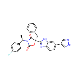 C[C@H](c1ccc(F)cc1)N1C(=O)O[C@](Cc2ccccc2)(c2nc3ccc(-c4cn[nH]c4)cc3[nH]2)C1=O ZINC000205341519