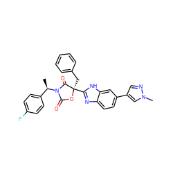 C[C@H](c1ccc(F)cc1)N1C(=O)O[C@](Cc2ccccc2)(c2nc3ccc(-c4cnn(C)c4)cc3[nH]2)C1=O ZINC000205341485