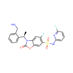 C[C@H](c1ccccc1CN)n1c(=O)oc2cc(S(=O)(=O)Nc3cccc(F)n3)c(F)cc21 ZINC000219652524