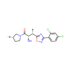 C[C@H](c1nc(-c2ccc(Cl)cc2Cl)no1)[C@H](N)C(=O)N1CC[C@H](F)C1 ZINC000045498384