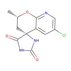 C[C@H]1C[C@@]2(NC(=O)NC2=O)c2cc(Cl)cnc2O1 ZINC000029551526