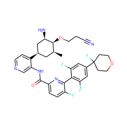 C[C@H]1C[C@@H](c2ccncc2NC(=O)c2ccc(F)c(-c3c(F)cc(C4(F)CCOCC4)cc3F)n2)C[C@@H](N)[C@H]1OCCC#N ZINC000149317027