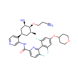 C[C@H]1C[C@@H](c2ccncc2NC(=O)c2ccc(F)c(-c3c(F)cc(OC4CCOCC4)cc3F)n2)C[C@@H](N)[C@H]1OCCC#N ZINC000261173063