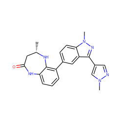 C[C@H]1CC(=O)Nc2cccc(-c3ccc4c(c3)c(-c3cnn(C)c3)nn4C)c2N1 ZINC000653890192