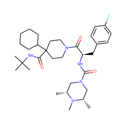 C[C@H]1CN(C(=O)N[C@H](Cc2ccc(F)cc2)C(=O)N2CCC(C(=O)NC(C)(C)C)(C3CCCCC3)CC2)C[C@@H](C)N1C ZINC000071296984