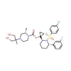 C[C@H]1CN(C(C)(CO)CO)CCN1C(=O)OC1([C@@H]2CCC[C@@H](c3cccc(F)c3)N2S(=O)(=O)c2ccc(Cl)cc2)CC1 ZINC000028879611