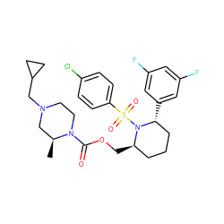 C[C@H]1CN(CC2CC2)CCN1C(=O)OC[C@@H]1CCC[C@@H](c2cc(F)cc(F)c2)N1S(=O)(=O)c1ccc(Cl)cc1 ZINC000028879172