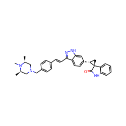 C[C@H]1CN(Cc2ccc(/C=C/c3n[nH]c4cc([C@@H]5C[C@@]56C(=O)Nc5ccccc56)ccc34)cc2)C[C@@H](C)N1C ZINC000145003383