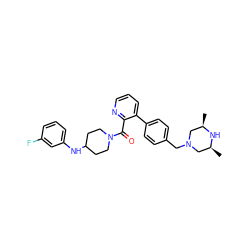 C[C@H]1CN(Cc2ccc(-c3cccnc3C(=O)N3CCC(Nc4cccc(F)c4)CC3)cc2)C[C@@H](C)N1 ZINC000034884722