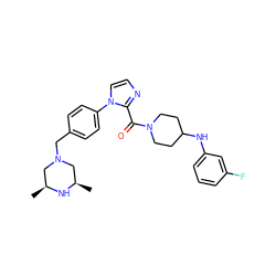 C[C@H]1CN(Cc2ccc(-n3ccnc3C(=O)N3CCC(Nc4cccc(F)c4)CC3)cc2)C[C@@H](C)N1 ZINC000034884948