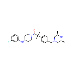 C[C@H]1CN(Cc2ccc(C(C)(C)C(=O)N3CCC(Nc4cccc(F)c4)CC3)cc2)C[C@@H](C)N1 ZINC000034849919