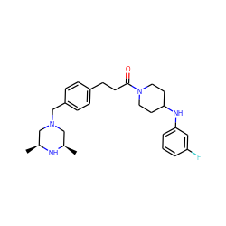 C[C@H]1CN(Cc2ccc(CCC(=O)N3CCC(Nc4cccc(F)c4)CC3)cc2)C[C@@H](C)N1 ZINC000034849859