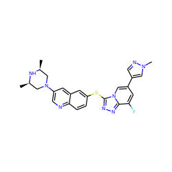 C[C@H]1CN(c2cnc3ccc(Sc4nnc5c(F)cc(-c6cnn(C)c6)cn45)cc3c2)C[C@@H](C)N1 ZINC000204974622