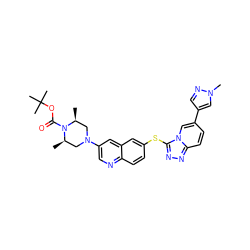 C[C@H]1CN(c2cnc3ccc(Sc4nnc5ccc(-c6cnn(C)c6)cn45)cc3c2)C[C@@H](C)N1C(=O)OC(C)(C)C ZINC000219862611