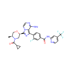 C[C@H]1CO[C@@H](c2nc(-c3ccc(C(=O)Nc4cc(C(F)(F)F)ccn4)cc3F)c3c(N)nccn23)CN1C(=O)C1CC1 ZINC001772638222