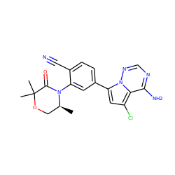 C[C@H]1COC(C)(C)C(=O)N1c1cc(-c2cc(Cl)c3c(N)ncnn23)ccc1C#N ZINC001772627746