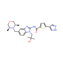 C[C@H]1COC[C@@H](C)N1Cc1ccc2c(c1)nc(NC(=O)c1ccc(-c3cn[nH]c3)s1)n2CC(C)(C)O ZINC000040430359