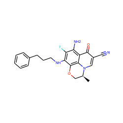 C[C@H]1COc2c(NCCCc3ccccc3)c(F)c(N)c3c(=O)c(C#N)cn1c23 ZINC000073221893