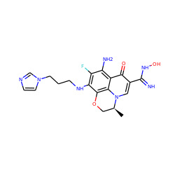 C[C@H]1COc2c(NCCCn3ccnc3)c(F)c(N)c3c(=O)c(C(=N)NO)cn1c23 ZINC000082157875