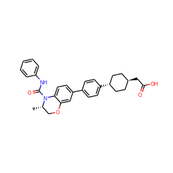 C[C@H]1COc2cc(-c3ccc([C@H]4CC[C@H](CC(=O)O)CC4)cc3)ccc2N1C(=O)Nc1ccccc1 ZINC000261163893