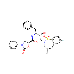 C[C@H]1Cc2cc(F)ccc2S(=O)(=O)N(C[C@@H](O)[C@H](Cc2ccccc2)NC(=O)[C@@H]2CN(c3ccccc3)C(=O)O2)C1 ZINC000072126141