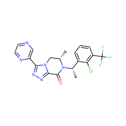 C[C@H]1Cn2c(nnc2-c2cnccn2)C(=O)N1[C@@H](C)c1cccc(C(F)(F)F)c1Cl ZINC000220987555