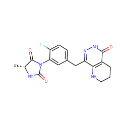 C[C@H]1NC(=O)N(c2cc(Cc3n[nH]c(=O)c4c3NCCC4)ccc2F)C1=O ZINC000084688933