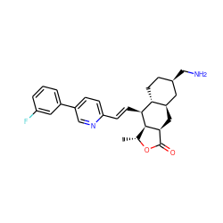 C[C@H]1OC(=O)[C@@H]2C[C@@H]3C[C@H](CN)CC[C@H]3[C@H](/C=C/c3ccc(-c4cccc(F)c4)cn3)[C@H]12 ZINC000103244798