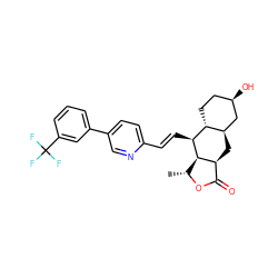 C[C@H]1OC(=O)[C@@H]2C[C@@H]3C[C@H](O)CC[C@H]3[C@H](/C=C/c3ccc(-c4cccc(C(F)(F)F)c4)cn3)[C@H]12 ZINC000003940304