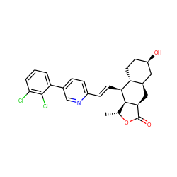 C[C@H]1OC(=O)[C@@H]2C[C@@H]3C[C@H](O)CC[C@H]3[C@H](/C=C/c3ccc(-c4cccc(Cl)c4Cl)cn3)[C@H]12 ZINC000034802908