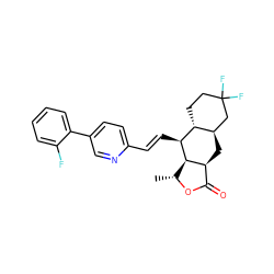 C[C@H]1OC(=O)[C@@H]2C[C@@H]3CC(F)(F)CC[C@H]3[C@H](/C=C/c3ccc(-c4ccccc4F)cn3)[C@H]12 ZINC000028604523