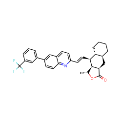C[C@H]1OC(=O)[C@@H]2C[C@@H]3CCCC[C@H]3[C@H](/C=C/c3ccc4cc(-c5cccc(C(F)(F)F)c5)ccc4n3)[C@H]12 ZINC000028571515
