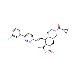 C[C@H]1OC(=O)[C@@H]2C[C@@H]3CN(C(=O)C4CC4)CC[C@H]3[C@H](/C=C/c3ccc(-c4cccc(F)c4)cn3)[C@H]12 ZINC000028712088