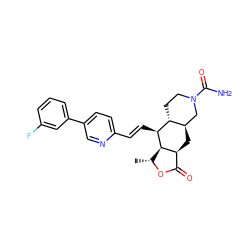 C[C@H]1OC(=O)[C@@H]2C[C@@H]3CN(C(N)=O)CC[C@H]3[C@H](/C=C/c3ccc(-c4cccc(F)c4)cn3)[C@H]12 ZINC000028712090