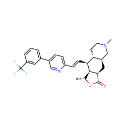 C[C@H]1OC(=O)[C@@H]2C[C@@H]3CN(C)CC[C@H]3[C@H](/C=C/c3ccc(-c4cccc(C(F)(F)F)c4)cn3)[C@H]12 ZINC000028712084