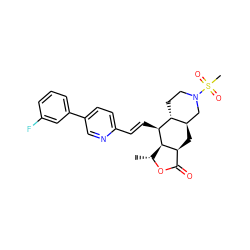 C[C@H]1OC(=O)[C@@H]2C[C@@H]3CN(S(C)(=O)=O)CC[C@H]3[C@H](/C=C/c3ccc(-c4cccc(F)c4)cn3)[C@H]12 ZINC000028712092