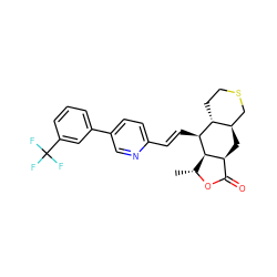 C[C@H]1OC(=O)[C@@H]2C[C@@H]3CSCC[C@H]3[C@H](/C=C/c3ccc(-c4cccc(C(F)(F)F)c4)cn3)[C@H]12 ZINC000028712062