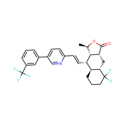 C[C@H]1OC(=O)[C@@H]2C[C@H]3[C@@H](CCCC3(F)F)[C@H](/C=C/c3ccc(-c4cccc(C(F)(F)F)c4)cn3)[C@H]12 ZINC000034802929